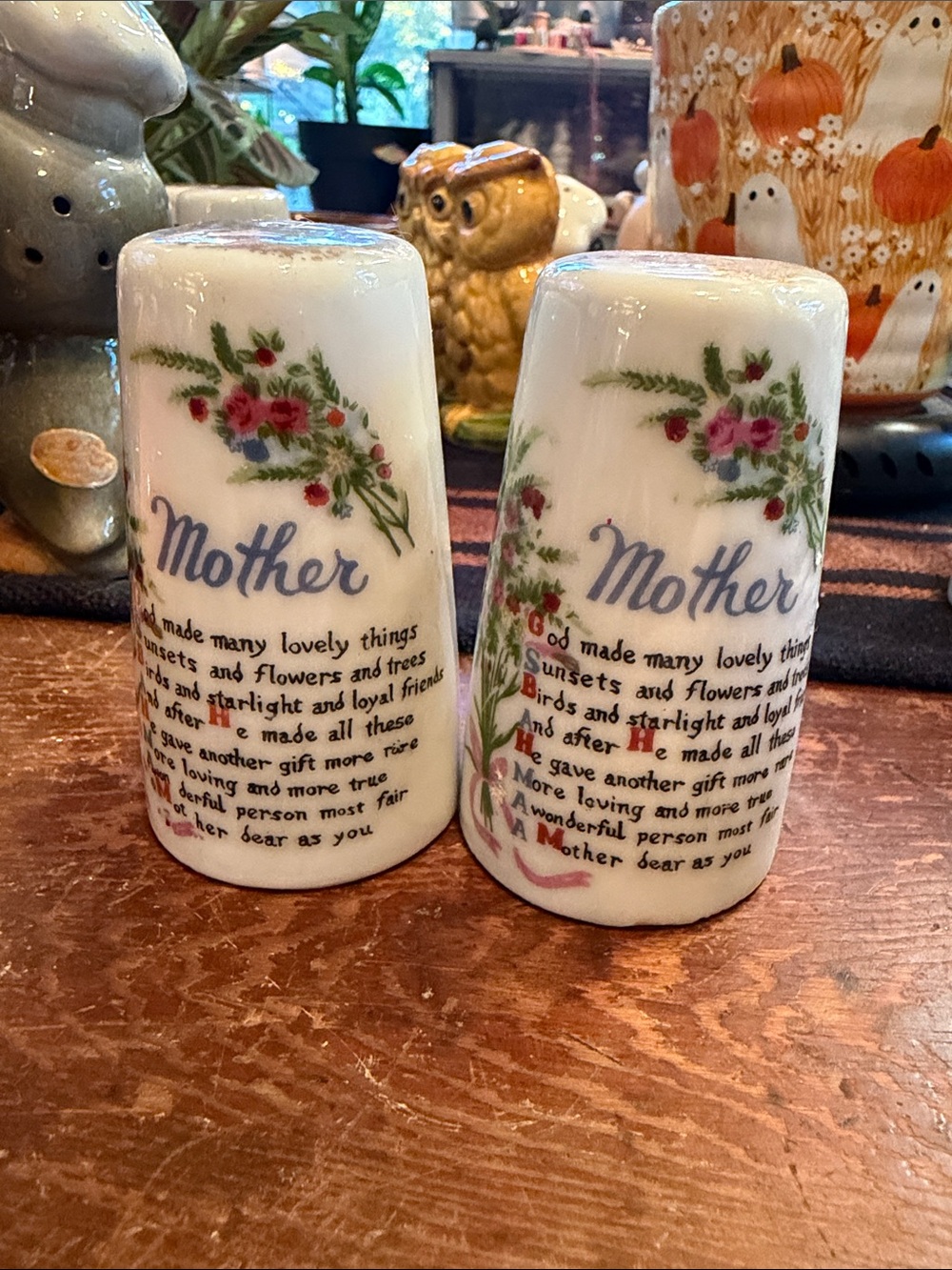 Mother Floral Ceramic Salt and Pepper Shakers - White